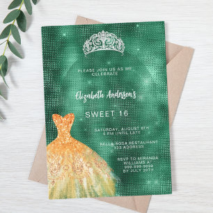 Invitation Robe vert émeraude or tiara luxe Sweet 16