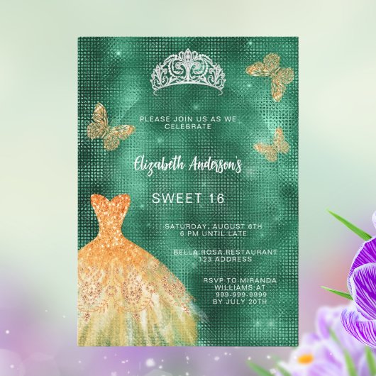 Invitation Robe vert émeraude or tiara Sweet 16
