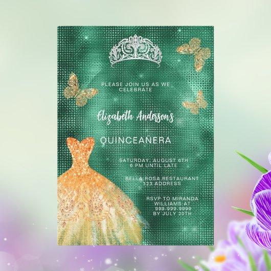 Invitation Robe vert émeraude tiara luxe Quinceanera