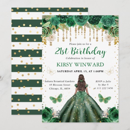 Invitation Robe Vert foncé Princesse à peau foncée Anniversai (Devant / Derrière)
