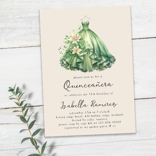 Invitation Robe Verte Aquarelle Elégante Quinceañera
