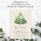 Invitation Robe Verte Aquarelle Elégante Quinceañera