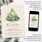 Invitation Robe Verte Aquarelle Elégante Quinceañera