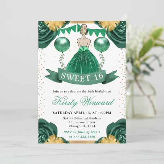 Invitation Robe verte Blonde Cheveux Princesse Sweet 16 (Debout devant)