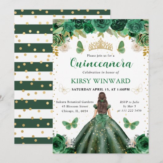 Invitation Robe verte Brunette Princesse Quinceanera (Devant / Derrière)