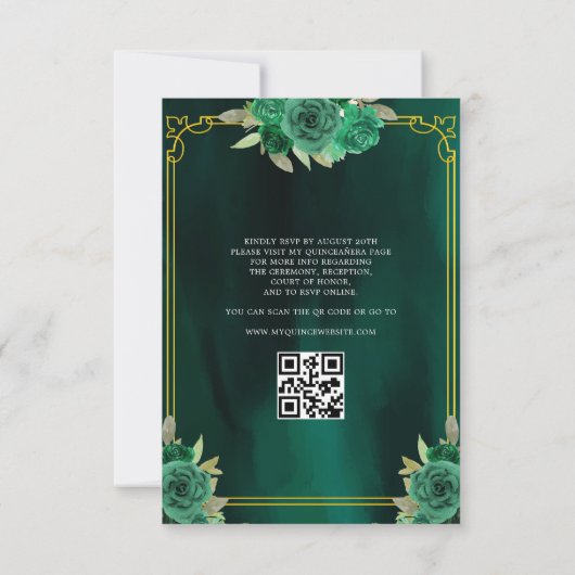 Invitation Robe verte de fleurs QR Code Quinceanera (Dos)