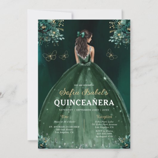 Invitation Robe verte de fleurs QR Code Quinceanera (Devant)