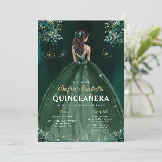 Invitation Robe verte de fleurs QR Code Quinceanera (Debout devant)