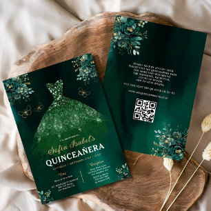 Invitation Robe verte de fleurs QR Code Quinceanera
