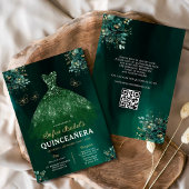 Invitation Robe verte de fleurs QR Code Quinceanera