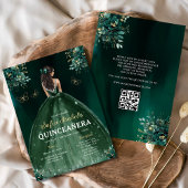 Invitation Robe verte de fleurs QR Code Quinceanera