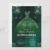 Invitation Robe verte de fleurs QR Code Quinceanera (Devant)