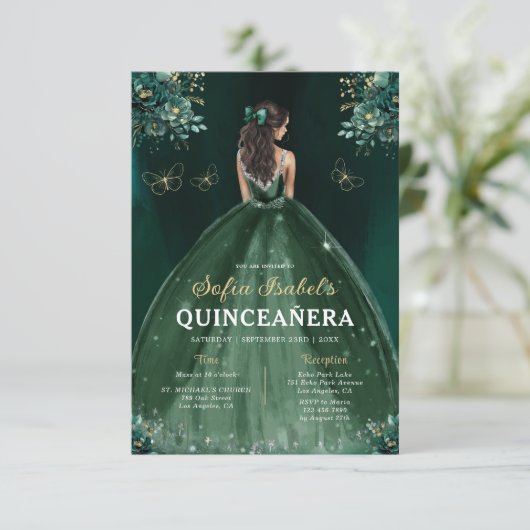 Invitation Robe verte de fleurs QR Code Quinceanera (Debout devant)
