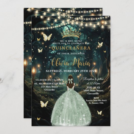 Invitation Robe verte de la forêt enchantée Quinceañera 16 (Devant / Derrière)