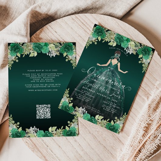 Invitation Robe verte Emeraude Florale Anniversaire QR Quince