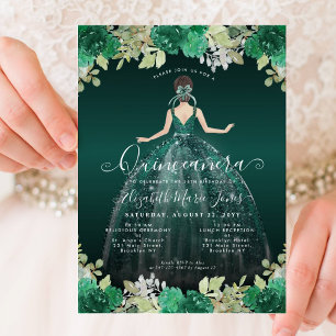 Invitation Robe verte Emeraude Florale Anniversaire Quinceane