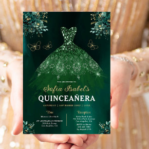 Invitation Robe verte Emeraude Florale Anniversaire Quinceane