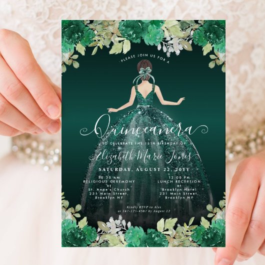 Invitation Robe verte Emeraude Florale Anniversaire Quinceane