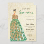 Invitation Robe Verte Émeraude Or Quinceanera (Devant / Derrière)