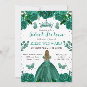 Invitation Robe verte émeraude Princesse blonde Sweet 16