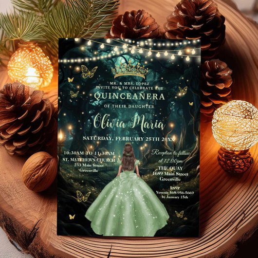 Invitation Robe verte en bois enchantée XV Quinceañera