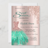 Invitation Robe verte en or rose Sweet 16 (Devant)