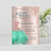 Invitation Robe verte en or rose Sweet 16 (Debout devant)