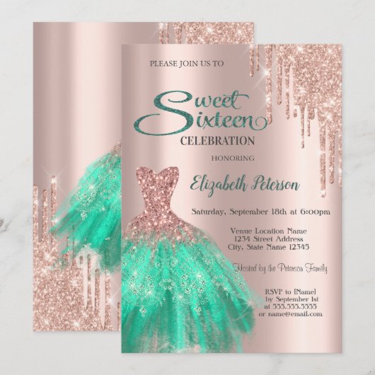 Invitation Robe verte en or rose Sweet 16 (Devant / Derrière)