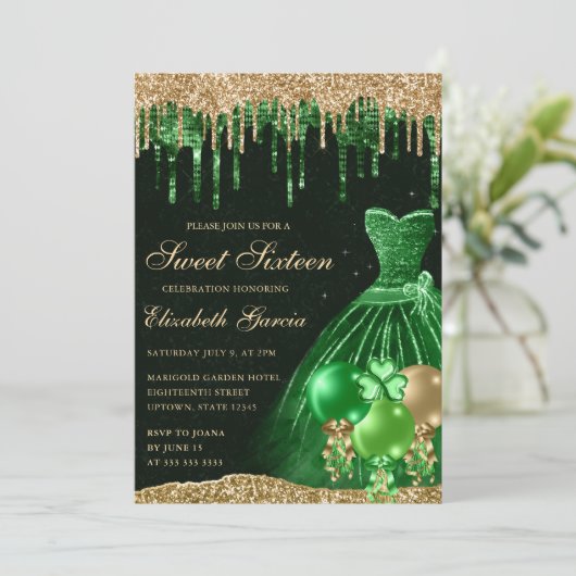 Invitation Robe verte et Parties scintillant à goutte d'or Sw (Debout devant)