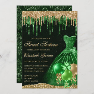 Invitation Robe verte et Parties scintillant à goutte d'or Sw