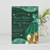 Invitation Robe verte et Parties scintillant or Ballons doux (Debout devant)