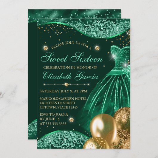 Invitation Robe verte et Parties scintillant or Ballons doux (Devant / Derrière)