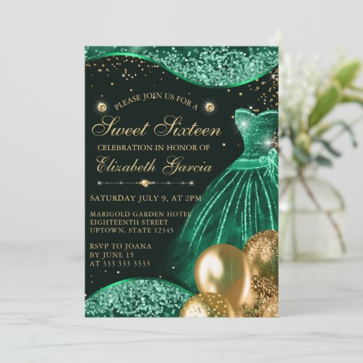 Invitation Robe verte et Parties scintillant or Ballons doux (Debout devant)