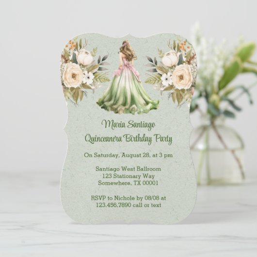 Invitation Robe verte et rose Quinceanera fête d'anniversaire (Debout devant)