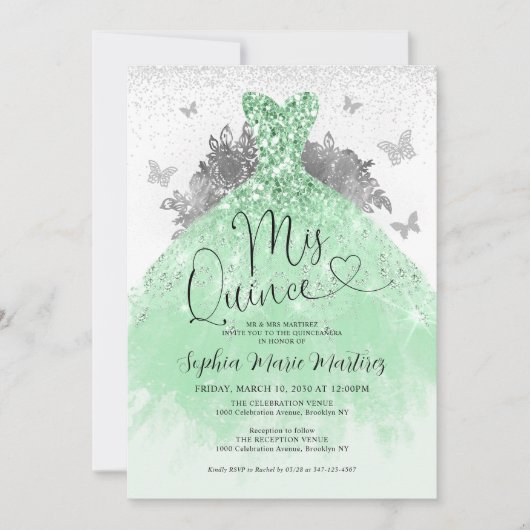 Invitation Robe verte Mis Quince Quinceañera (Devant)