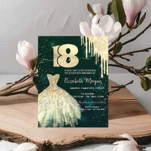 Invitation Robe verte pailletée or chic pour 18ème anniversai