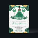 Invitation Robe verte Peau foncée Princesse Douce 16<br><div class="desc">Elégante aquarelle couleur peau foncée princesse dans le design robe vert émeraude avec fleurs vert et or,  ballons et confettis parties scintillant or.</div>