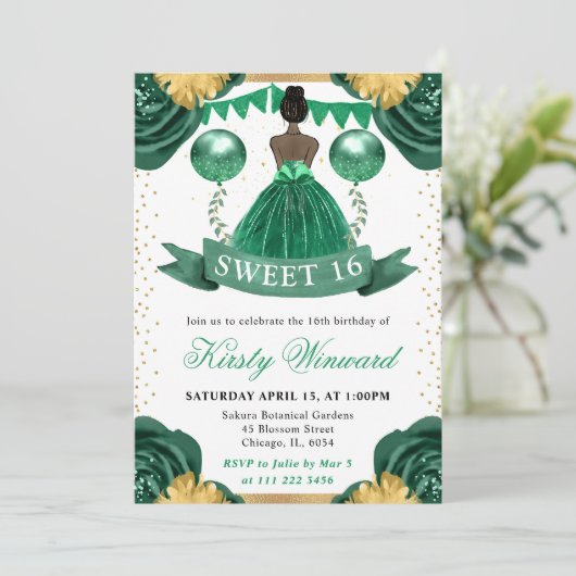 Invitation Robe Verte Peau Noire Princesse Douce 16 (Debout devant)