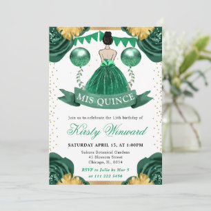 Invitation Robe Verte Princesse Cheveux Bruns Quinceanera