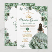 Invitation Robe Verte Sage Quinceañera 15 Anos Fleurs Or (Devant / Derrière)