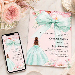 Invitation Robe verte sauge florale rose blush Quinceanera