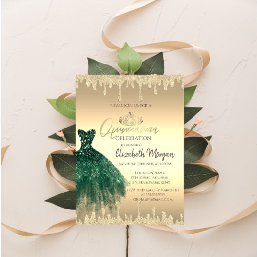 Invitation Robe verte, Tiara, Parties scintillant gouttes or