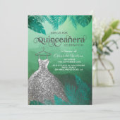 Invitation Robe verte tropicale estivale argent Quinceañera (Debout devant)