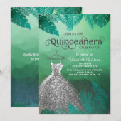 Invitation Robe verte tropicale estivale argent Quinceañera (Devant / Derrière)
