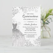 Invitation Robe Vintage Florale blanche argentée Quinceanera (Debout devant)
