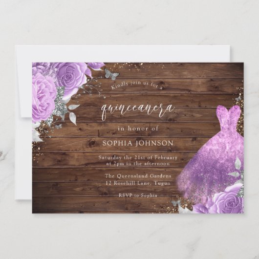 Invitation Robe violet et argenté Rose Rustique Bois Quincean (Devant)