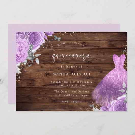 Invitation Robe violet et argenté Rose Rustique Bois Quincean (Devant / Derrière)