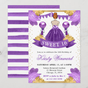 Invitation Robe violette aquarelle princesse aux cheveux roux