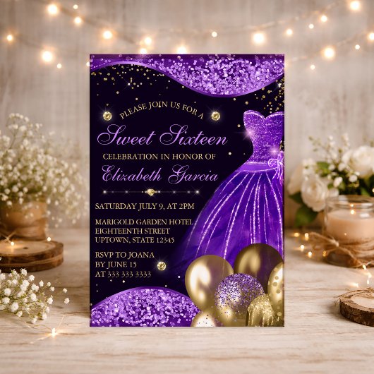 Invitation Robe violette, ballons pailletés et dorés Sweet 16