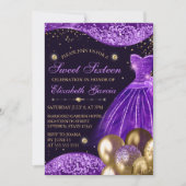 Invitation Robe violette, ballons pailletés et dorés Sweet 16 (Devant)